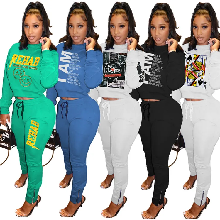

New Fashion Lady 2 Pcs Long Sleeve Tops And Pants Print Plus Size Autumn Women Two Piece Set, Picture