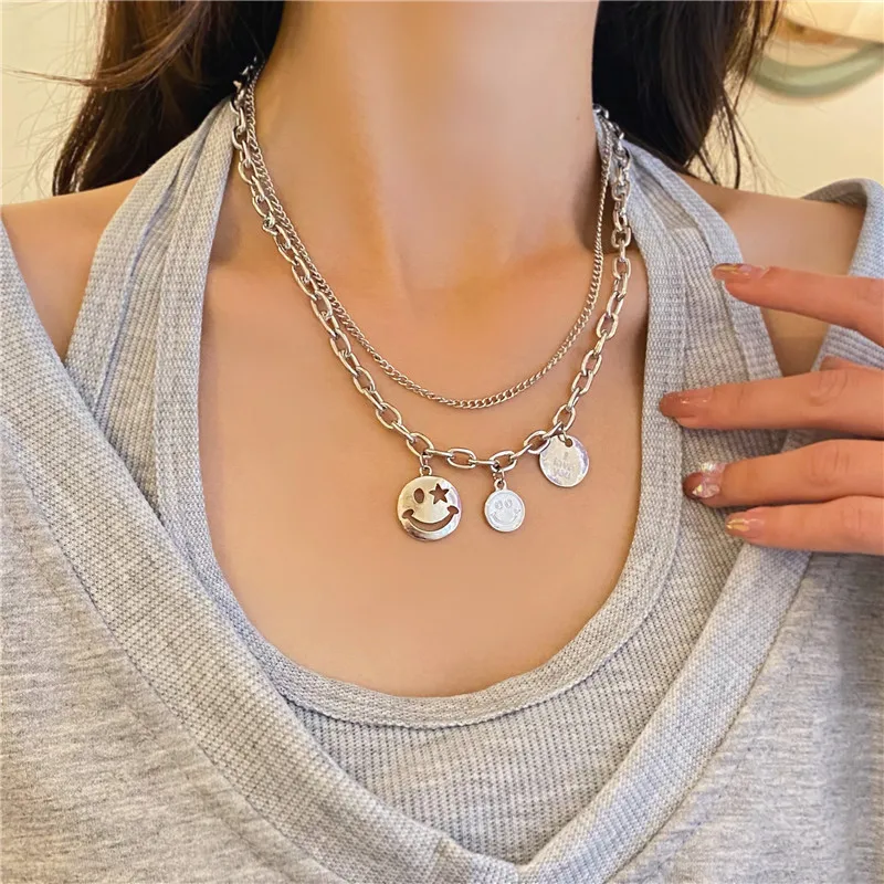 

European and American hip-hop double-layer necklace ins cold wind smiley face pendant sweater chain female street fashion person
