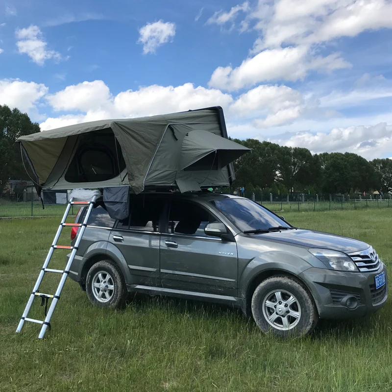 

3 4 person camping SUV hard shell car roof top tent hard shell rooftop tent for sale with annex canopy awning, Green/ grey/ khaki fabric, white/ black shell