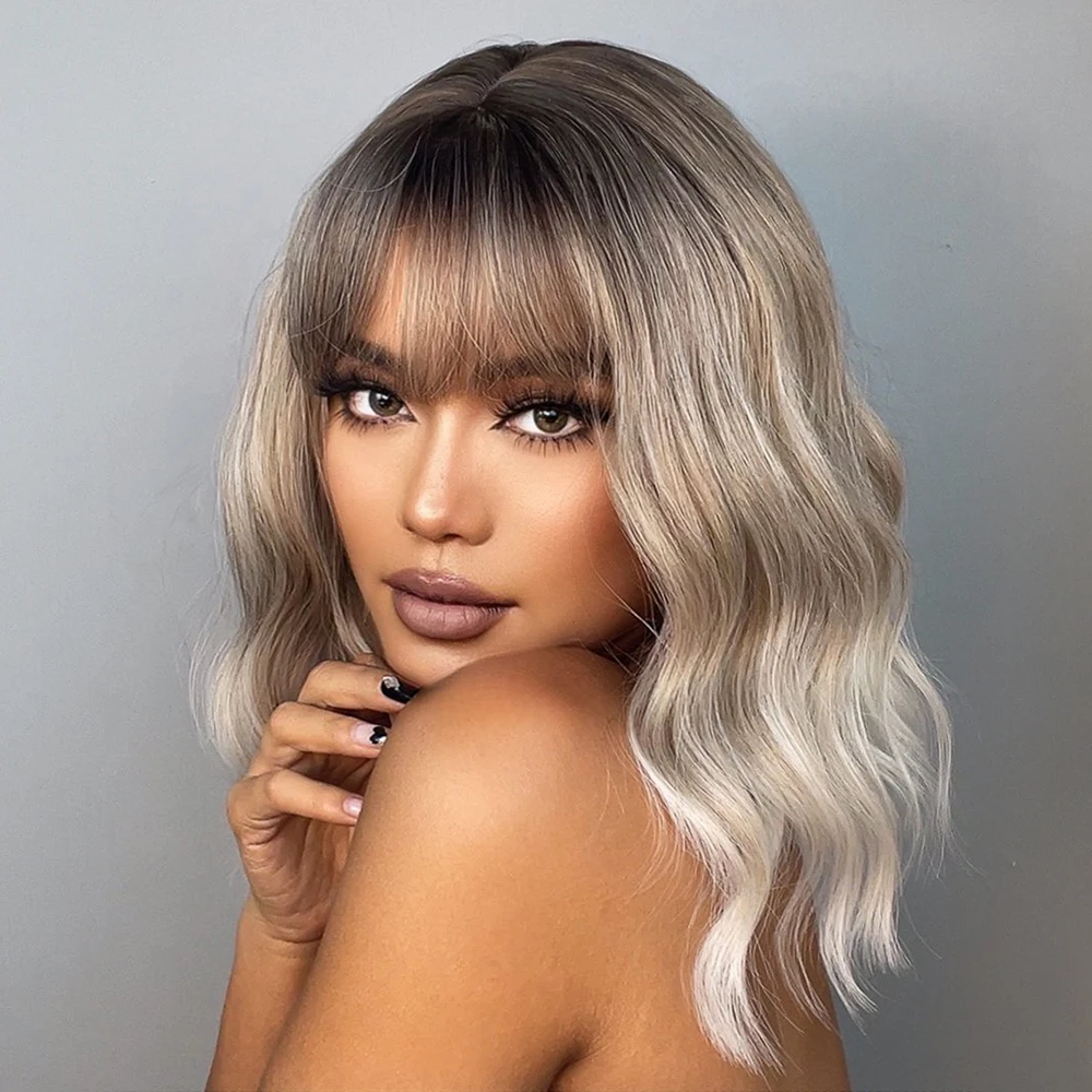 

Bob Wigs Ash Gray Platinum Synthetic Wig with Bangs for Black Women Short Wave Natural Daily Heat Resistant Cosplay Hair
