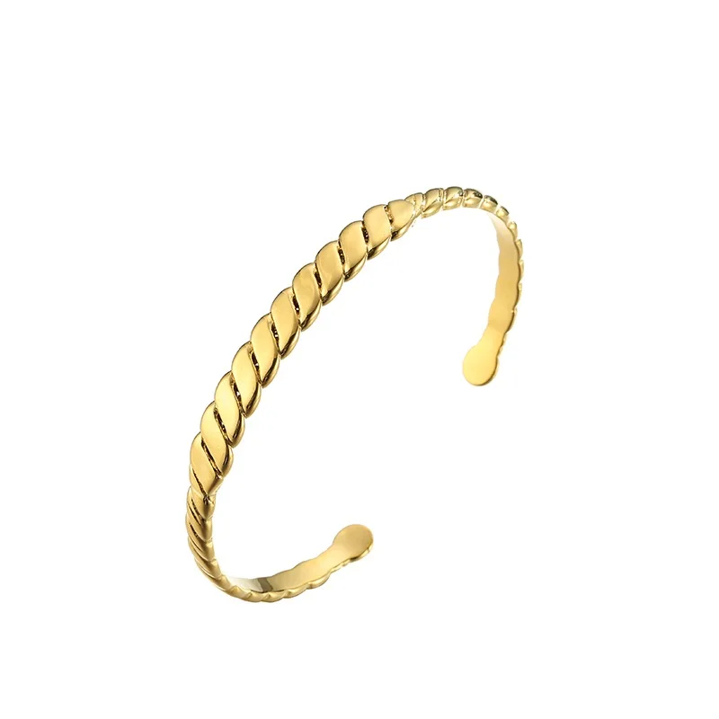 

Korean Style Design Minimalist Stainless Steel Open Cuff Golden Twisted Bangle, Gold color