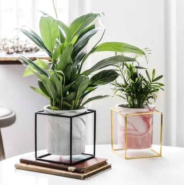 Indoor marble look pink and gray  ceramic flower pots with metal stand, Marble ceramic plant pots