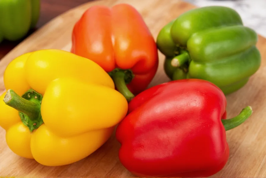Close-up view of various colored bell peppers showing red, yellow, and green varieties on wooden cutting board