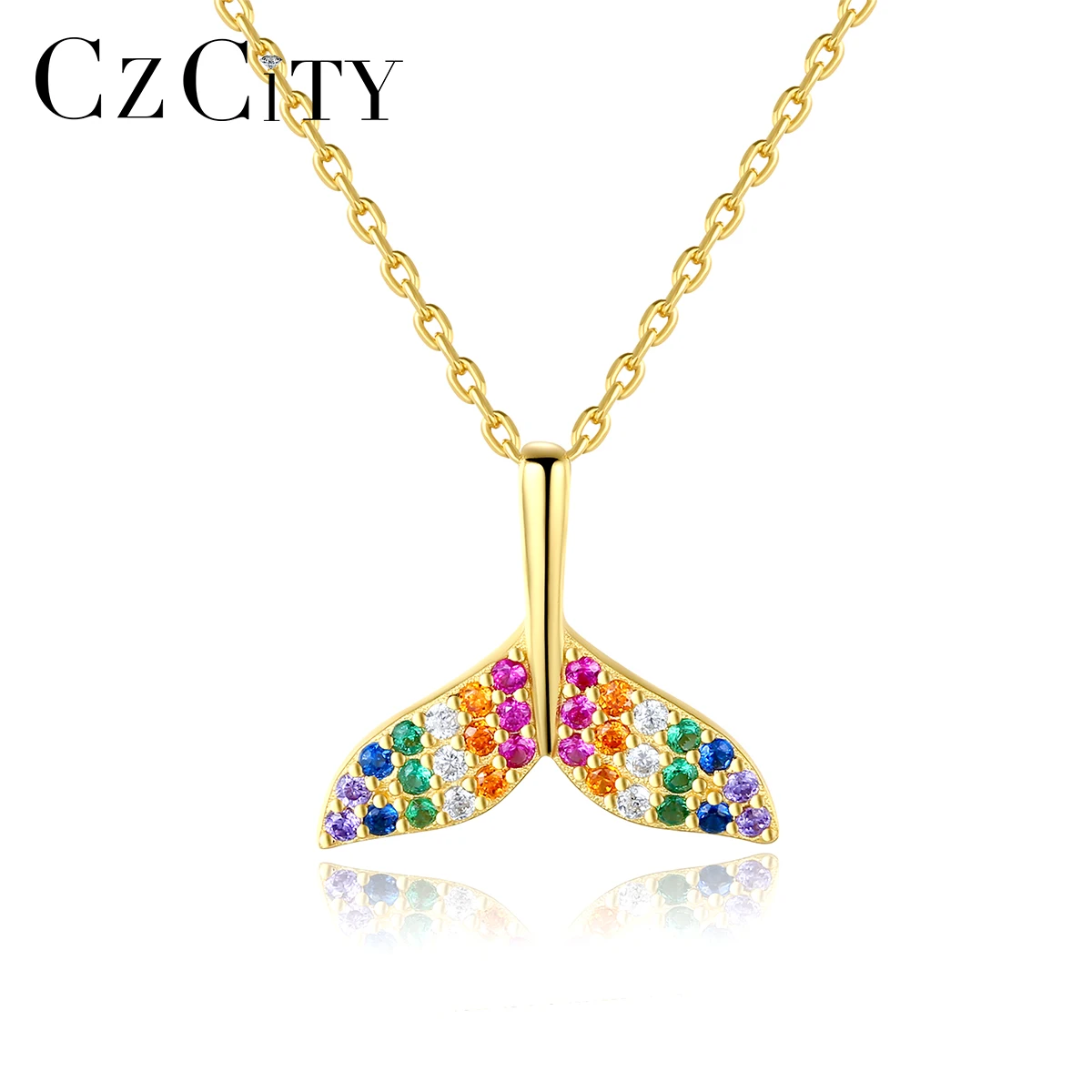 CZCITY Elegant Rainbow Cubic Zirconia 925 Silver Pendant Necklace Fish Tail Fashion Design Pendants