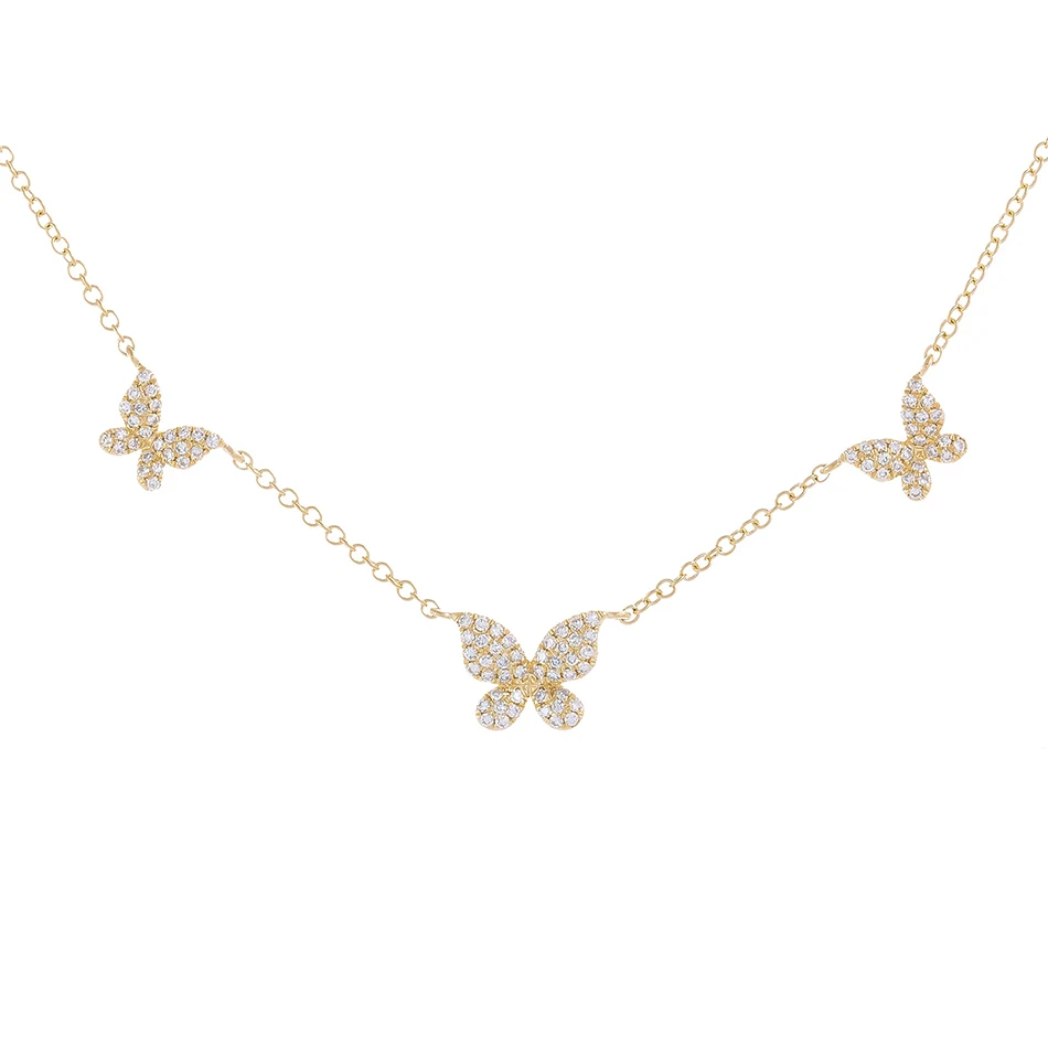 

2020 Luxury Jewelry 925 Sterling Silver 18K Gold Plated Cubic Zircon Triple Butterfly Chain Necklace For Woman