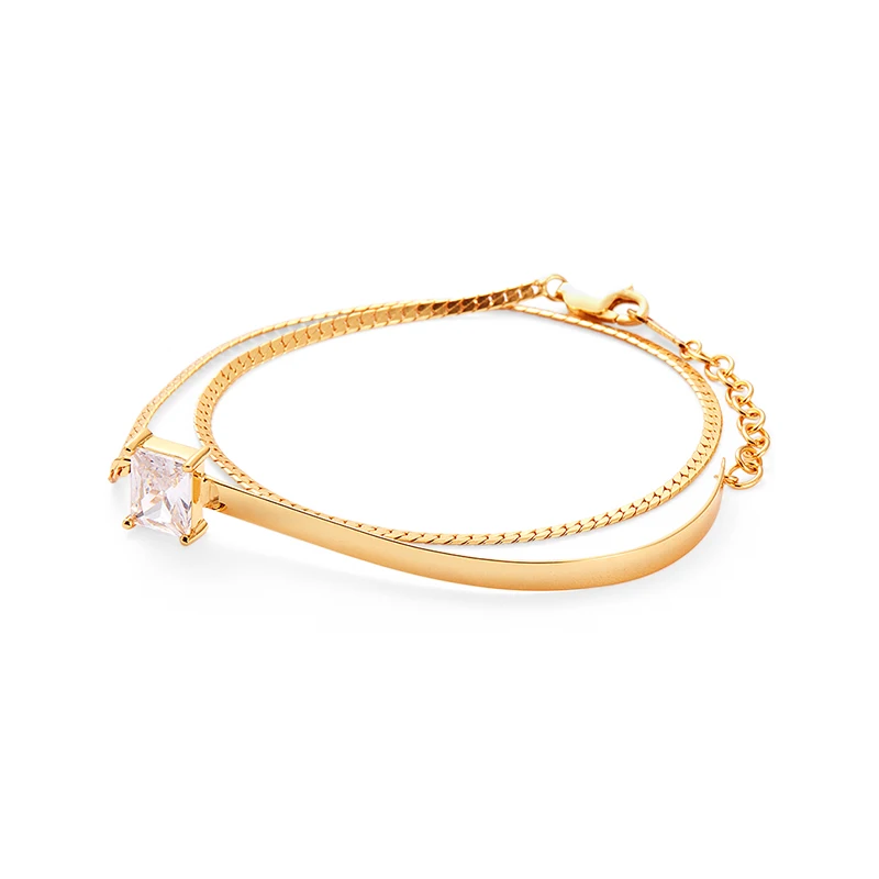 

glossy delicate double layer 925 sterling silver 18k gold plated minimalist square diamond shape zircon bracelet for women