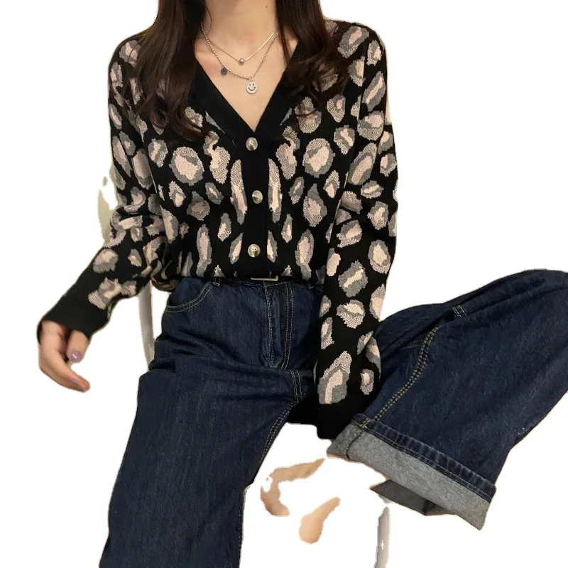 

Fashion Women New Korean V-Neck Cardigan Leopard Sweater Loose Slim Long Sleeve All-Match Knit Sweater, Khaki, red, green, black
