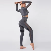 

Sexy hollow womans long sleeve seamless leggings high waist yoga sport fitness pants two piece set