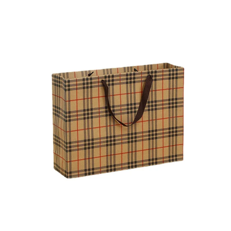 

lady handbag 2021 Kraft paper handbag Plaid garment offset printing gift bag custom logo square bottom bag shopping bag, Customizable