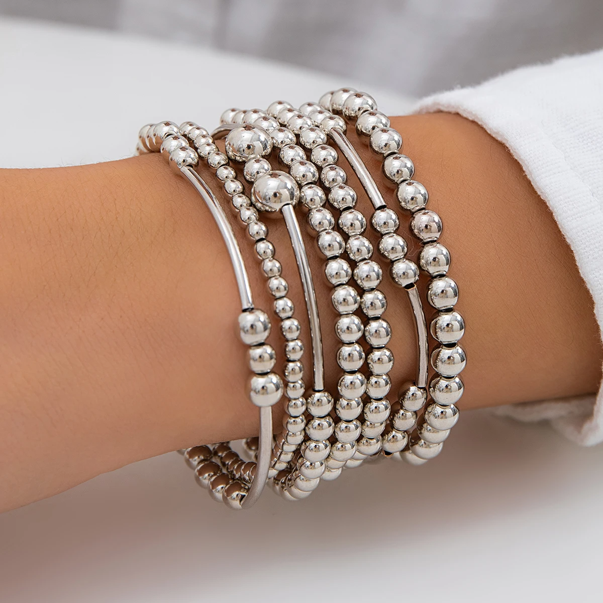 

7Pc Unique Silver Color Round CCB Ball Chain Bracelet for Women Vintage Elastic Strand Beads Bangles Couple Friends Hand Jewelry