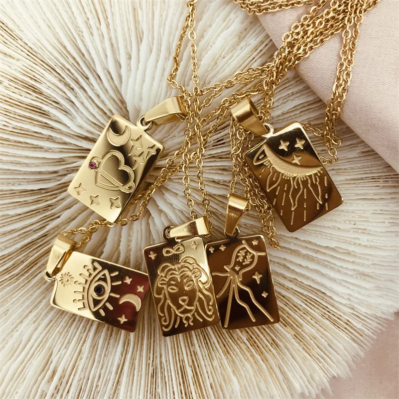 

Square Amulet Pendant Tarot Cards Vintage Necklace Women's Jewelry Gift Moon Sun Love Gold Plated Necklace