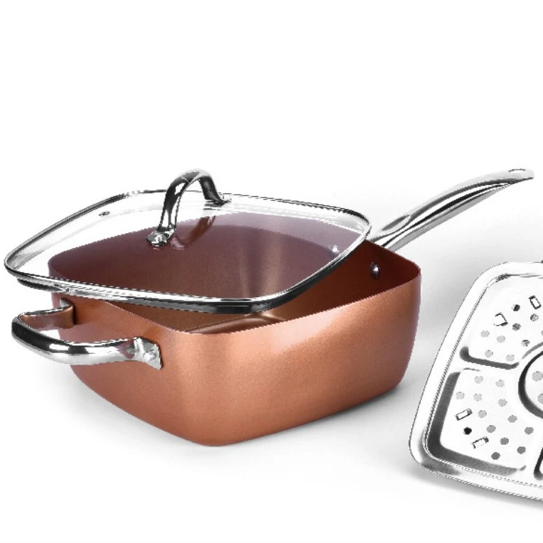 

Amazon hot sale copper pan stainless steel handle square frypan induction bottom wok set