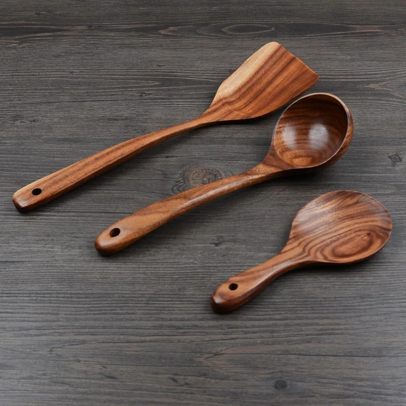 

3 Pcs Household Teak Wood Soup Rice Serving Spoon and Spatula Kitchen Utensils Cooking Tools, Natural