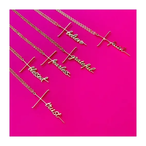 

Tarnish free gold plated stainless steel believe faith grace grateful trust cross affirmation necklace