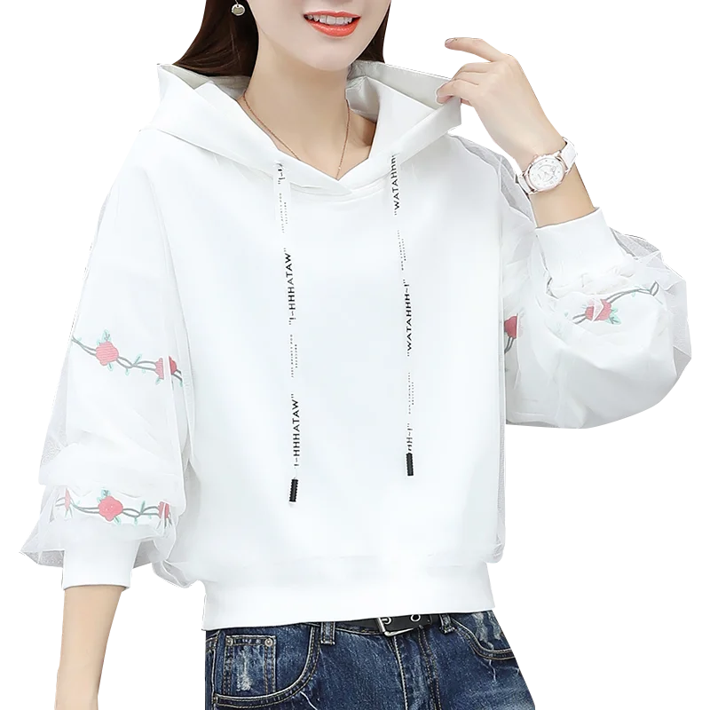 

Wholesale printed fashion hoodie women with mesh sleeve, Customized color