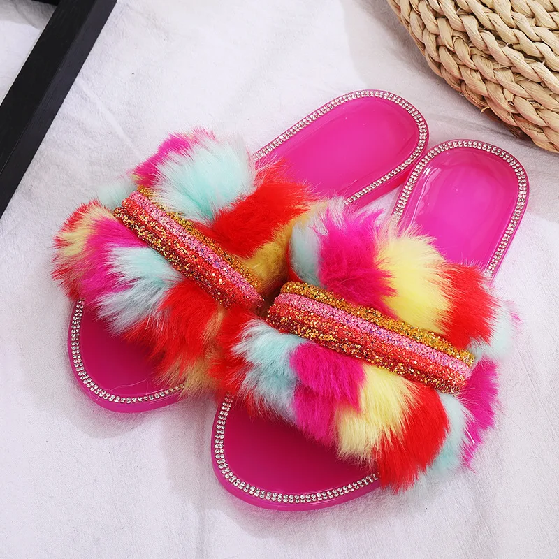 

transparent rainbow plush slippers 2021 new fashion transparent bottom diamond multicolor women's transparent slide slippers, As picture