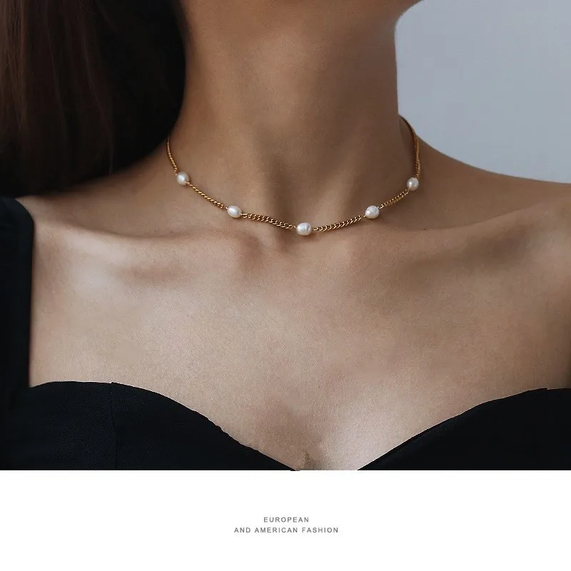 

New Arrival Genuine Gold Plated Short Link Chain Choker Necklace Delicate Natural Pearl Beads Necklace