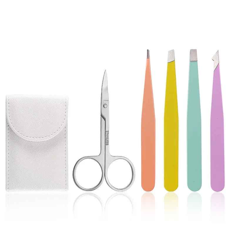 

5 Pcs/Set Eyebrow Tweezers Stainless Steel Set Hair Removal Makeup Tools Eye Brow Clips with PU Bag, Customized