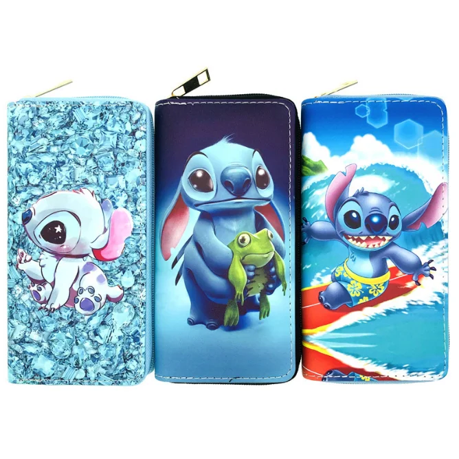 

Fashion wallet Stitch Lilo cartoon zipper watch Mickey minnie mouse Large capacity soft PU leather wallet for girl, Colorful