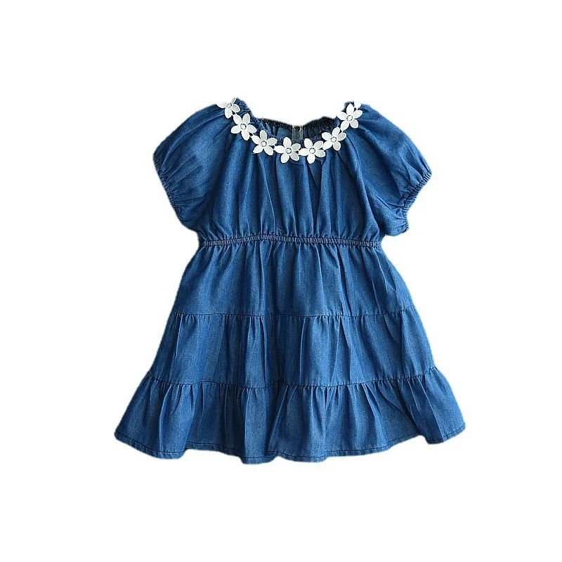 

2021 Summer New Korean Fashion Clothing Short Sleeved Flower Denim Blue Skirt Female Baby Princess Dress Girls Dresses