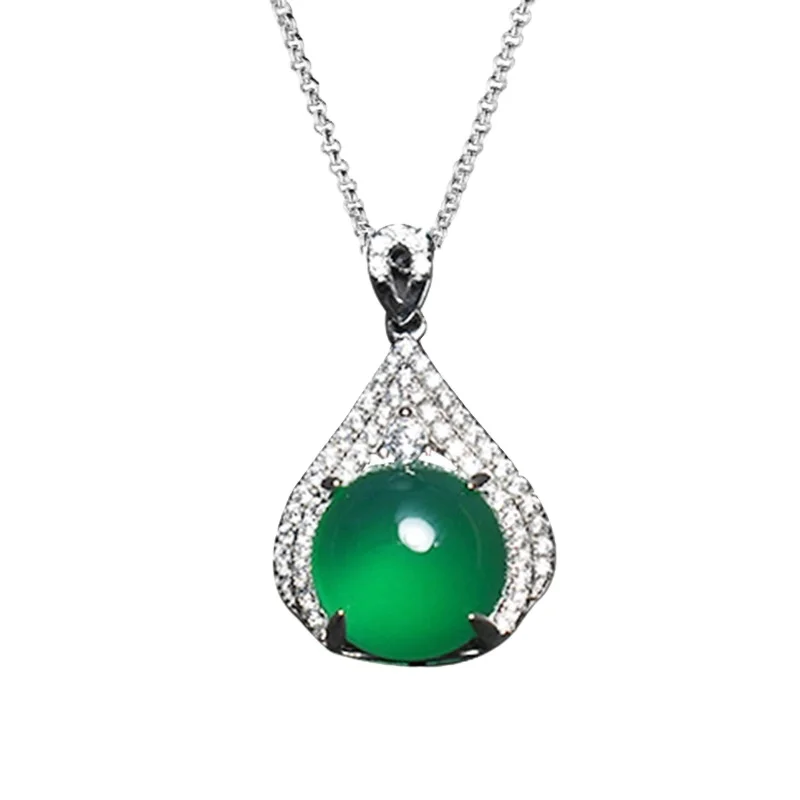 

Certified New S925 Silver Necklace Edge Diamond Inlaid Water Drop Green Chalcedony Pendant Fashion Temperament Clavicle Chain