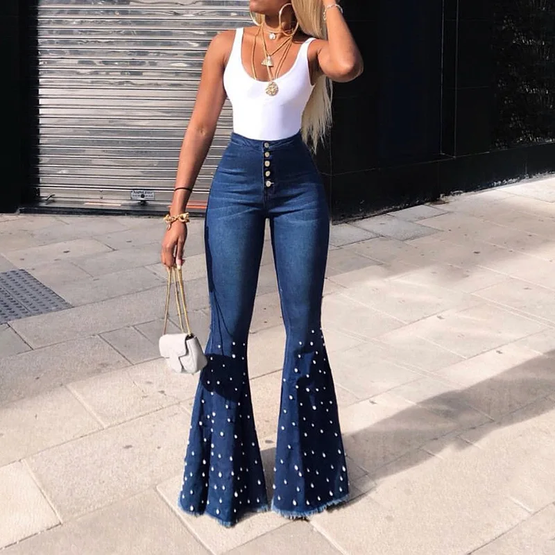 

Popular beading wide jeans pant women 2021 new products women flared denim pants, As the picture