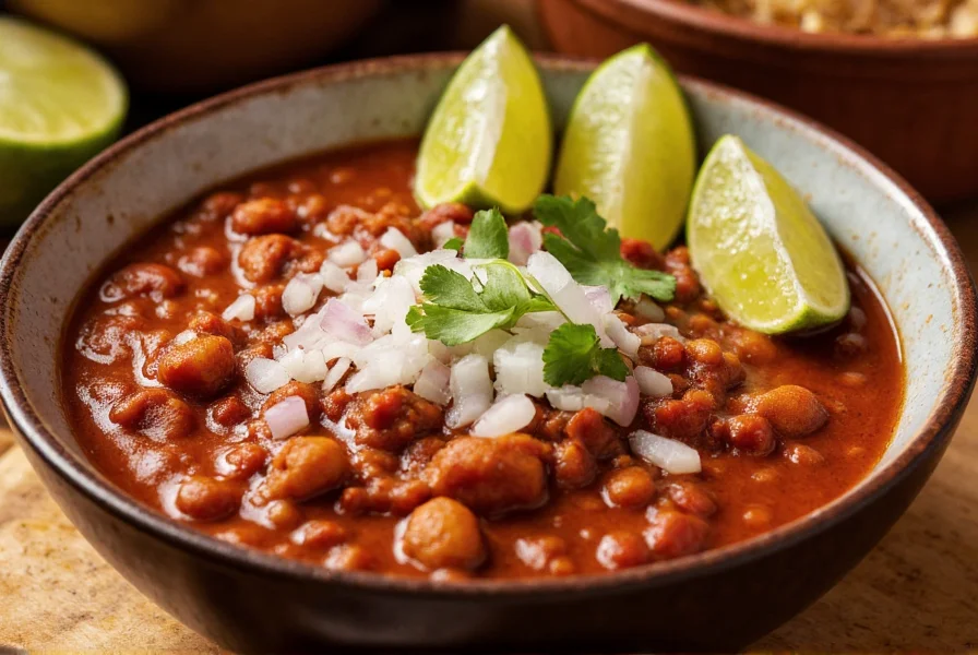 Traditional texas chili served in bowl with toppings like onions and lime wedges