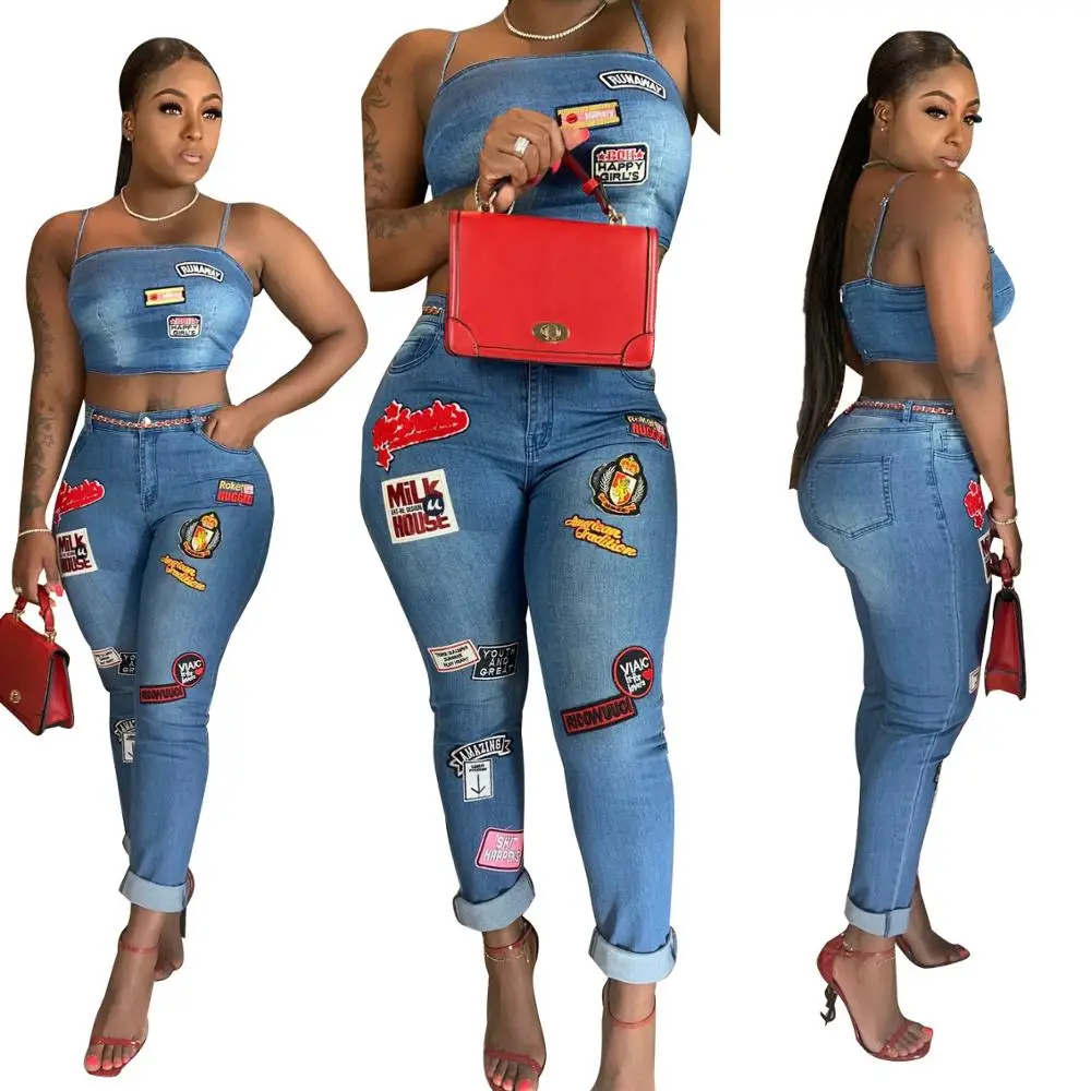 

Off Shoulder straight strap Tops With Jeans trousers 2019 Fashion latest design sequin cartoon Style Two Piece Sets For women, Blue greeen roseo apricot