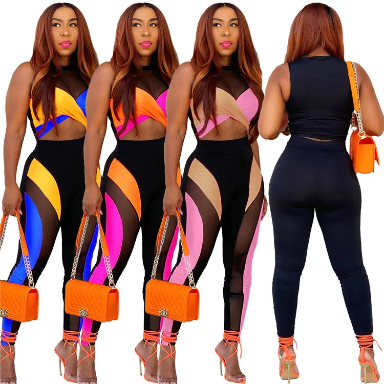 

Fast Delivery Ladies Mesh Patchwork Suit Colorful Summer Sexy Plus Size Women Two Piece Pants Set, Picture shows