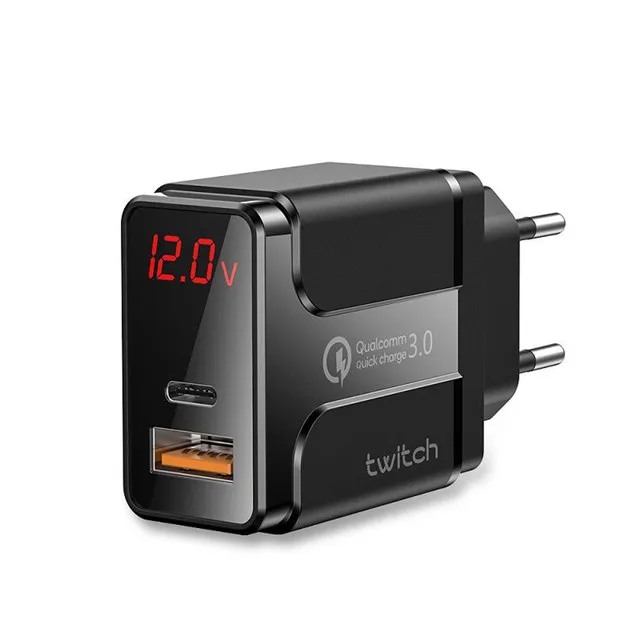 

18W LED Display EU US UK Plug Total USB Charger Fast USB Type C Port PD Charger For iphone Samsung Huawei Mobile Phone Adapter, Black wihte
