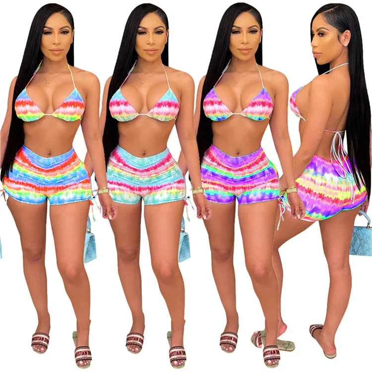 

Women Bikinis Set 2021 Colorful Striped Print Sexy Bathing Suits-2XL Separate Swimsuit Bikini Hot Pants Beach Party Wear