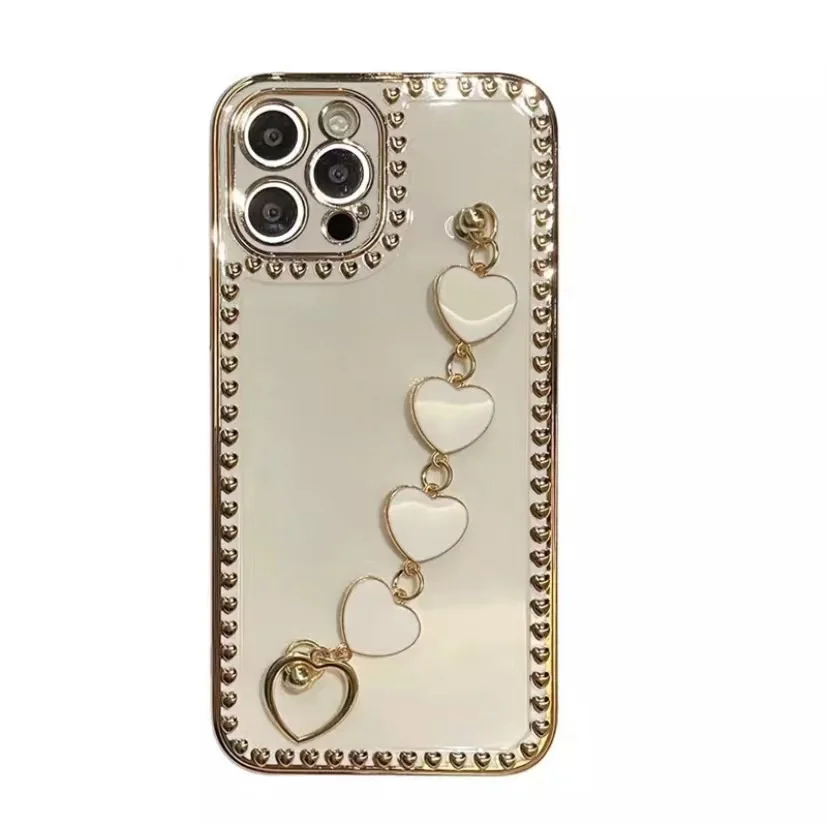 

Soft Plating Frame Love Heart Chain Wrist Bracelet Phone Case for Iphone 3D Wrist Band Bumper Cover For Xiaomi