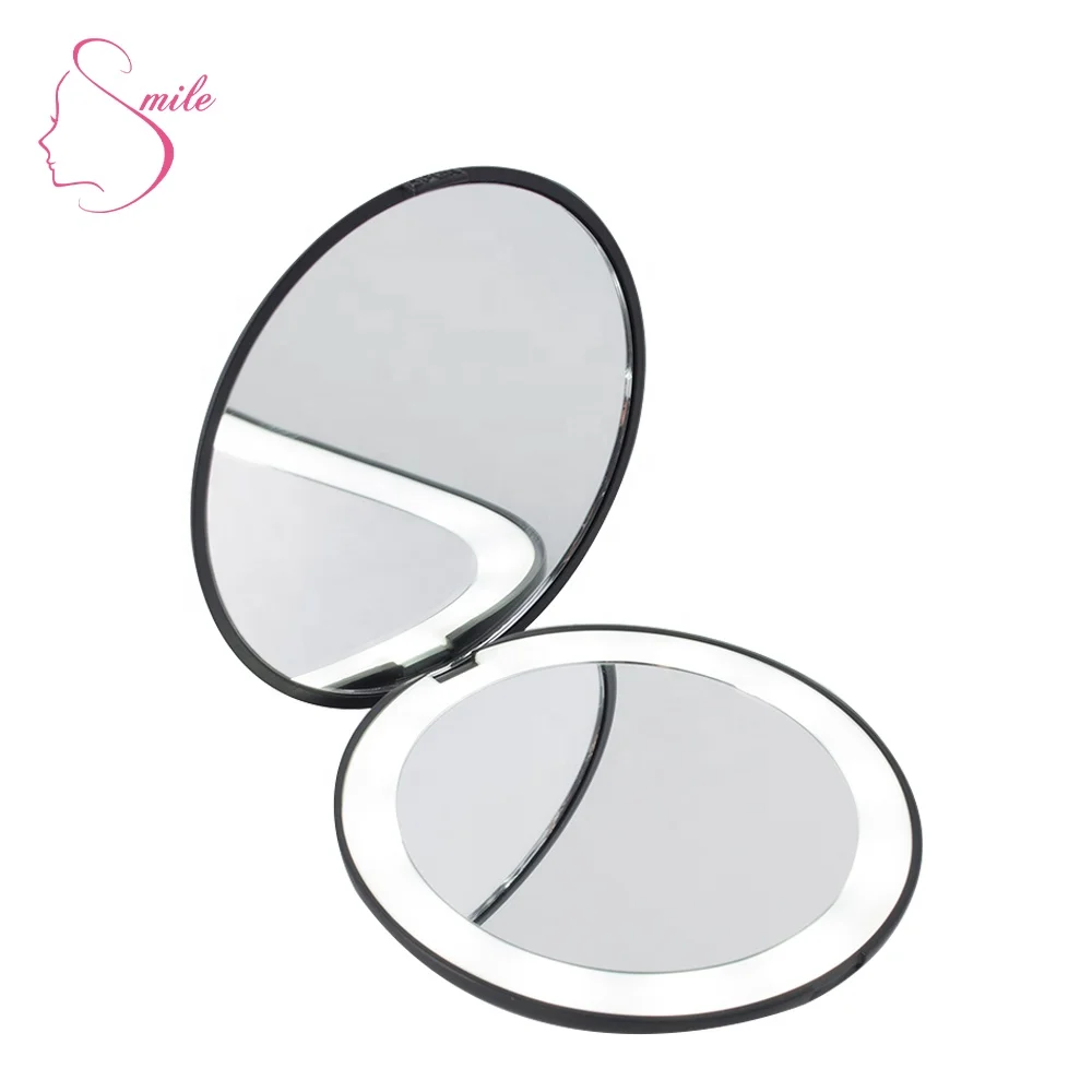 

Wholesale Custom LED Compact Pocket Makeup Vanity Hand Held Cosmetic Round Magnifying Mirror with Lights, Any pantone