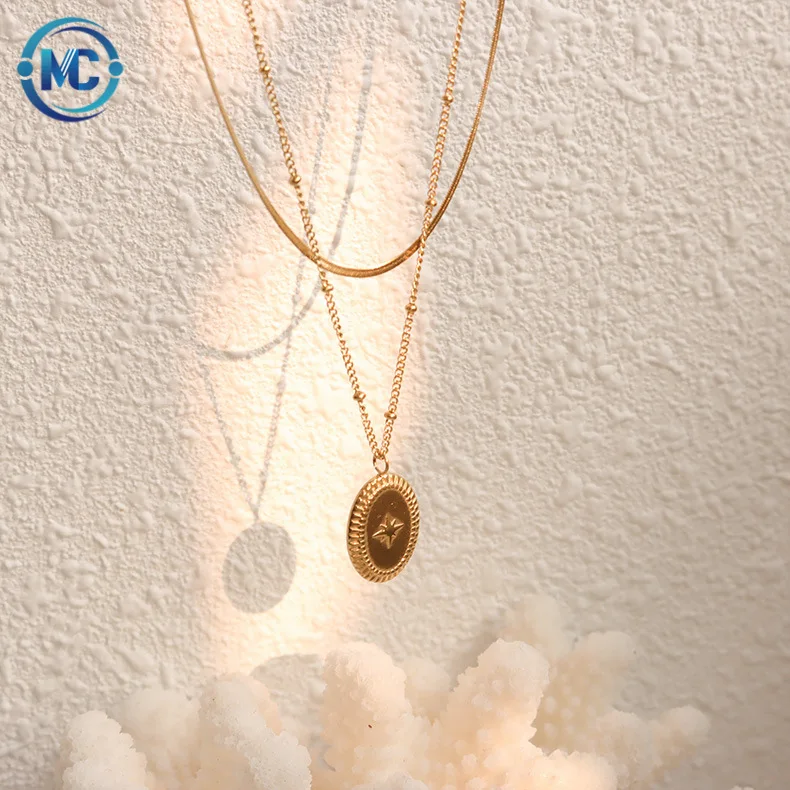 

2021 Double Layer Chain Necklace Sets Jewelry Oval Eight Star Pendant Stainless Steel Plated 18K Gold Necklace, As the picture