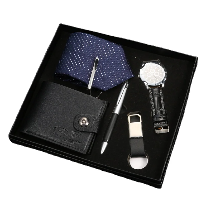 

Fashion men watch gift set 5pcs high quality movement quartz watches luxury tie wallet pen key chain jewelry set for couple boy, 1 colors