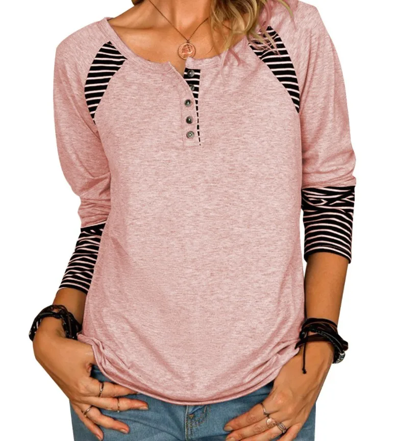 

New Arrival Wholesales Autumn Casual Patchwork Top Women Printed Striped V-neck Long Sleeve T-shirt, Picture showed