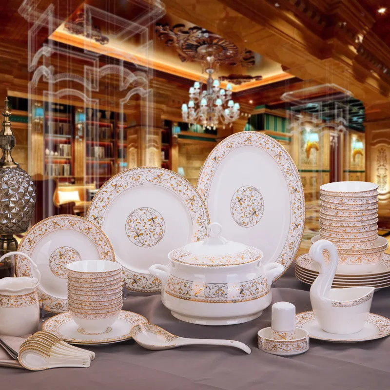 Ceramic Tableware Set 60 Pieces European Bone Porcelain Rice Bowl Vegetable Plate Dish Home Ceramic Tableware Set