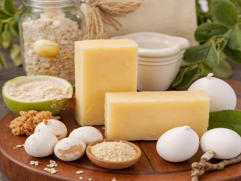 Homemade soap ingredients on wooden table