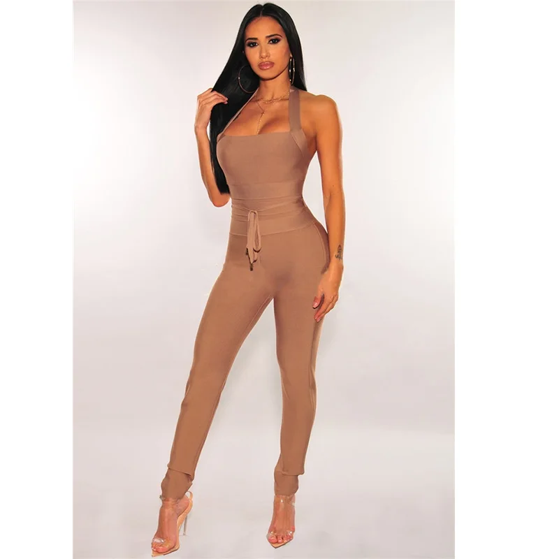 

ADYABY 2020 OEM Wholesales Price Plus Size Halter Bandage women bodysuit jumpsuit, Nude,black