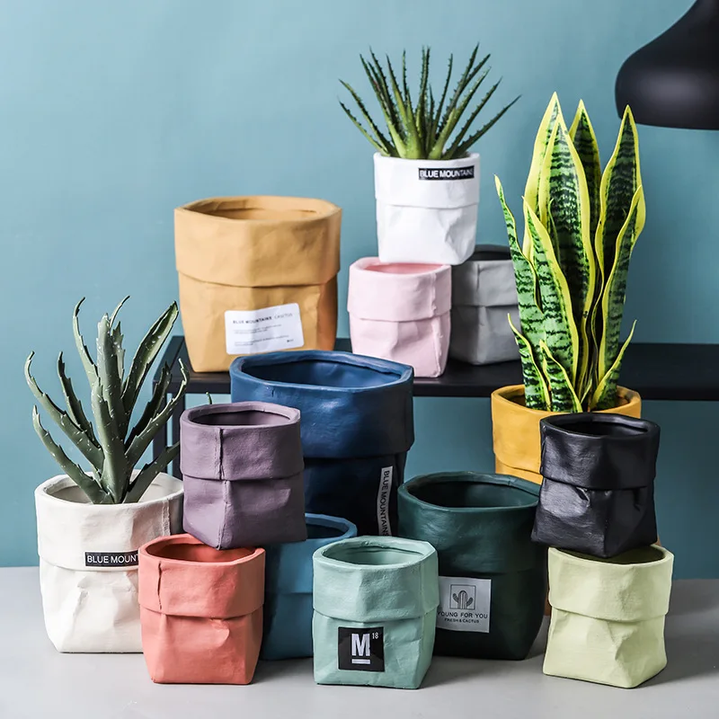 

Kraft Paper Bag Shape Ceramic Plant Pots Ceramic Outdoor Nordic Style Colorful Ceramic Succulent Planter Pots for Indoor Plants, Any pms colour is accepted
