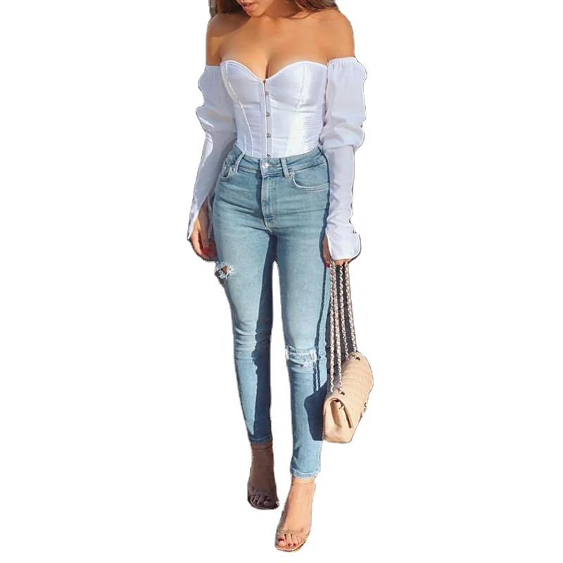 

Hot Sell Off Shoulder Corset Crop Top Strapless Bow Tassel Slash Neck Long Sleeve Backless women shirt and blouse, Black, white, pink