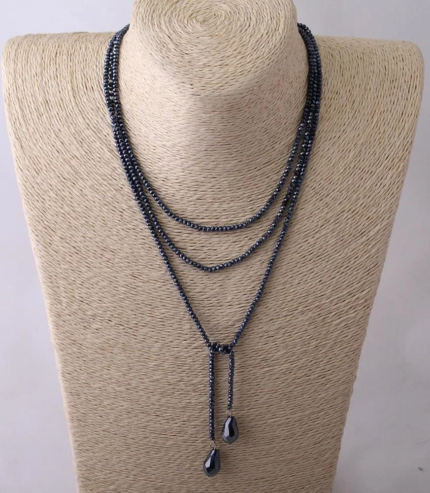 

4mm Mini brown Crystal Beads Long Statement Necklace Glass Beads Water Drop Necklace