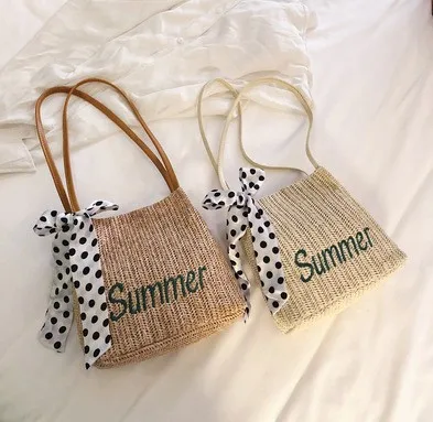 

Summer Girl Bowknot Straw Beach Holiday Woven Bag Portable Beach Messenger Bag, White,khaki