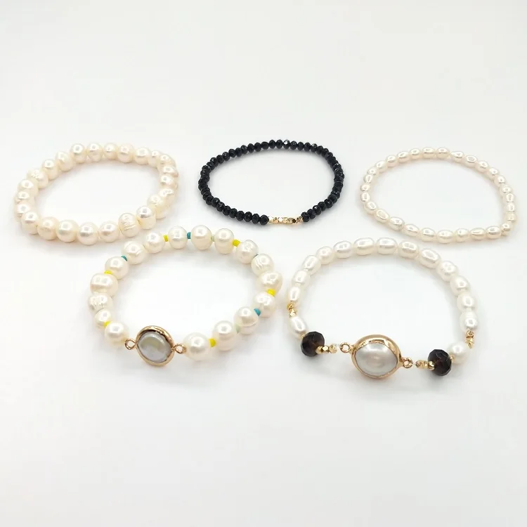 

Natural Pearl Set Cultured Freshwater Pearl Stretch Bracelets, As pitures