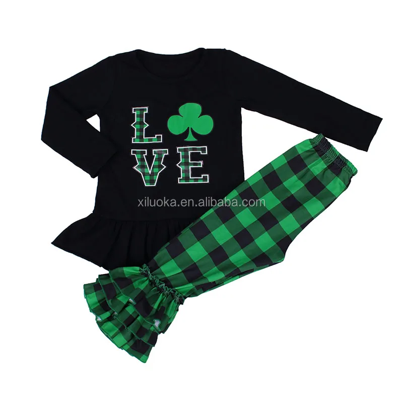 

New Design Girl St. Patrick Plaid Outfit Long Sleeve Children Ruffle Clothing Set