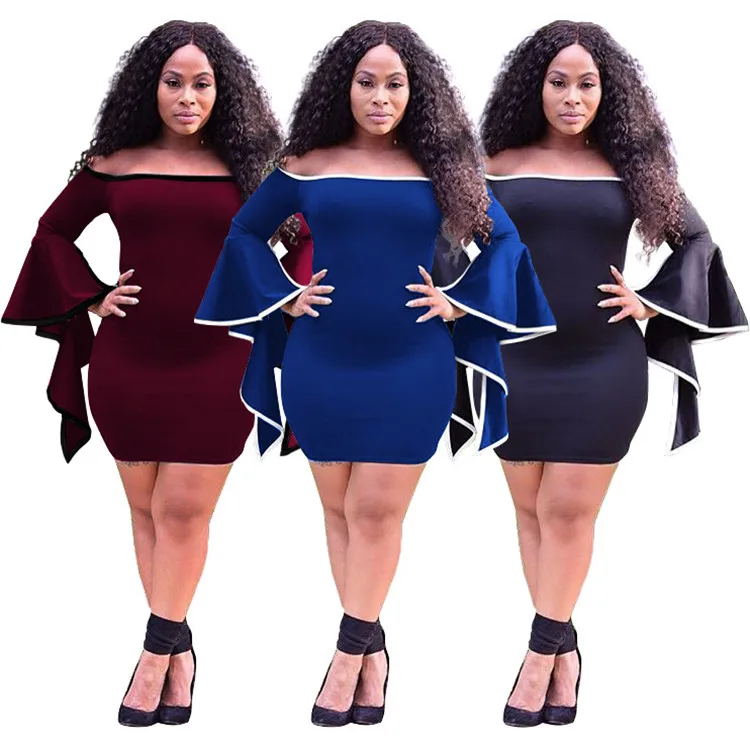 

2020 new arrivals casual dresses women Word shoulder Tube top Trumpet sleeve womens dress, Customized color/as show