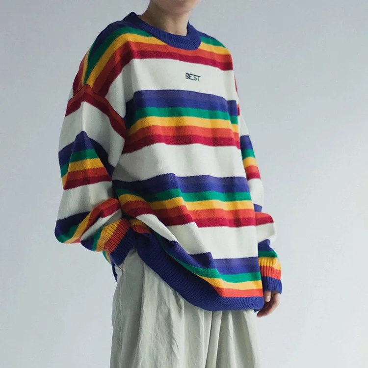 

Streetwear Woman Rainbow Loose Knit Jumper Crewneck Color Sweater, At your request