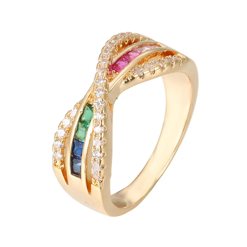 

Simple Exquisite Jewelry Bling CZ Cubic Zirconia X Shape Rings Shiny Rainbow Crystal Ring For Party