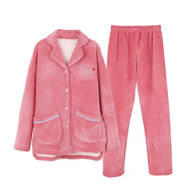 

High-quality home soft lamb wool pajamas set trousers plush fluffy winter women's pajamas, Carmine