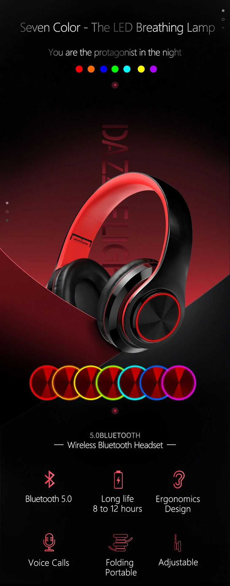 B39 headphone over ear wireless bt headset with microphone support tf card mp3 player with led colorful breathing lights - ANKUX.COM
